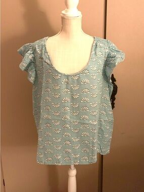 Wonderly Light Blue Fan-Print Scoop Neck Flutter Sleeve Blouse